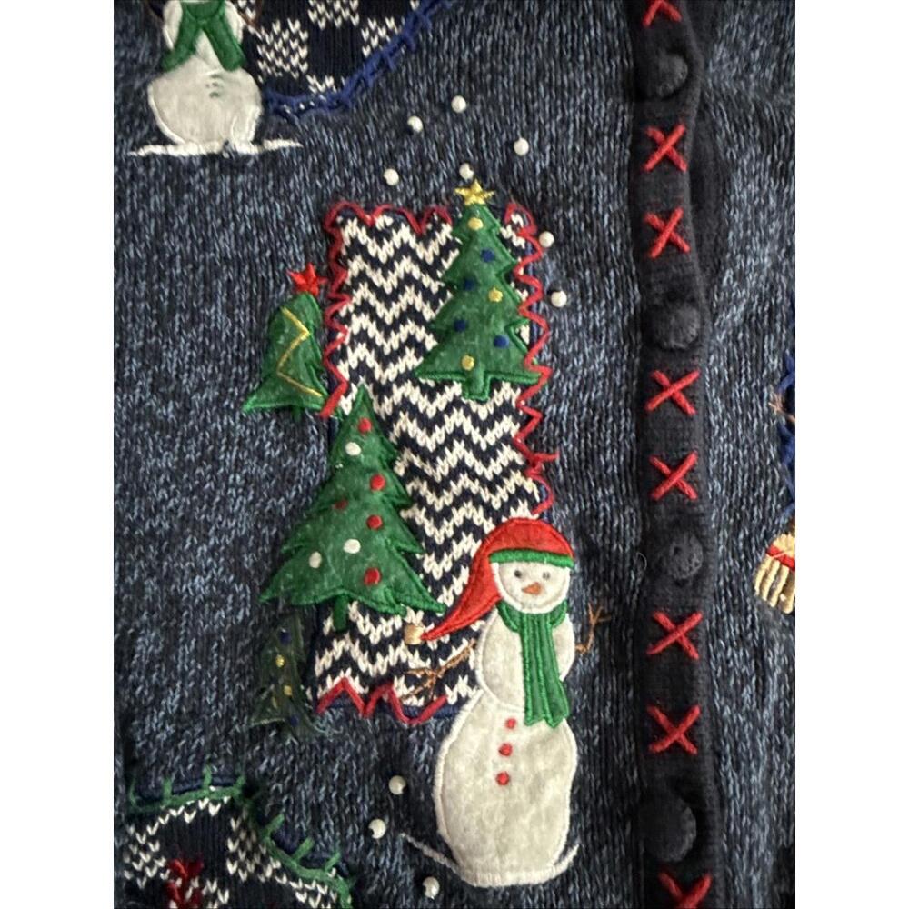 VTG Christmas Sweater Cardigan Sz M Erika Snowman Snowflakes Embroidered Pearls - Picture 3 of 12